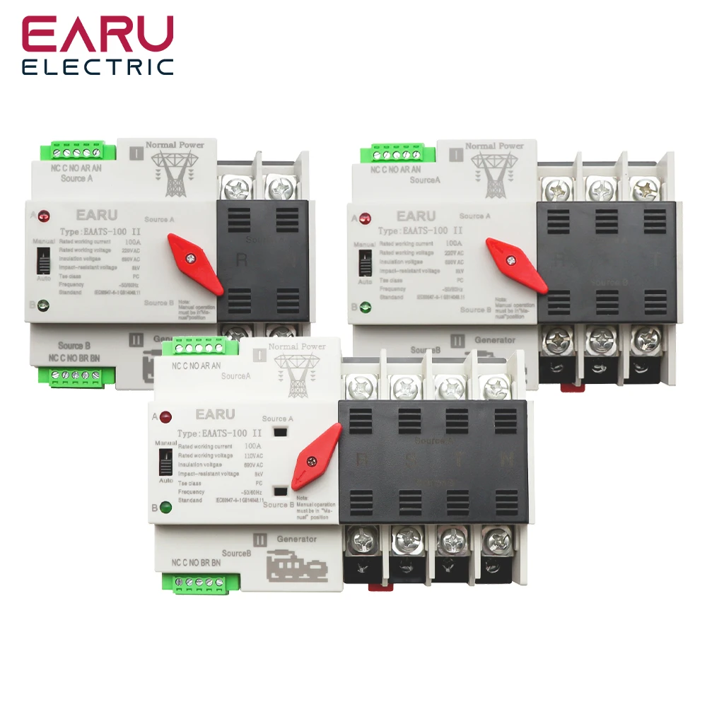 

2/3/4P 100A 110V/220V Mini ATS Automatic Transfer Switch Electrical Selector Switches Dual Power Switch PV Solar Energy Din Rail
