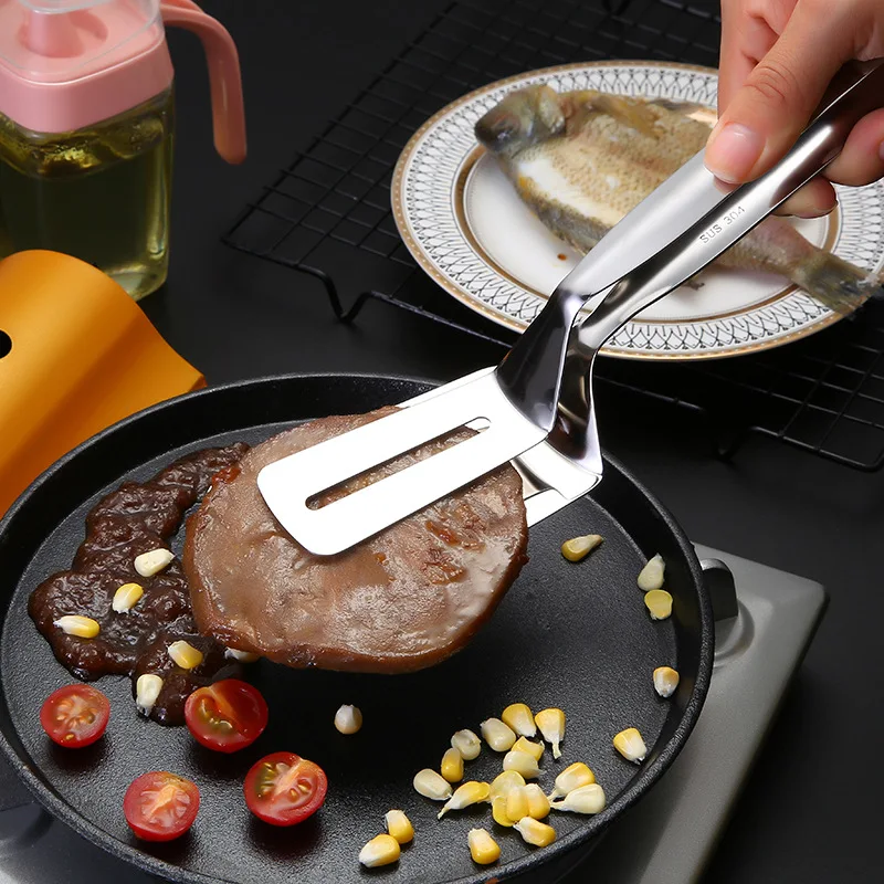 

304 Stainless Steel Frying Shovel Pancake Fried Fish Shovel Pizza Steak Clip Barbecue Grilling Tong Kitchen Clamp Cooking Tool