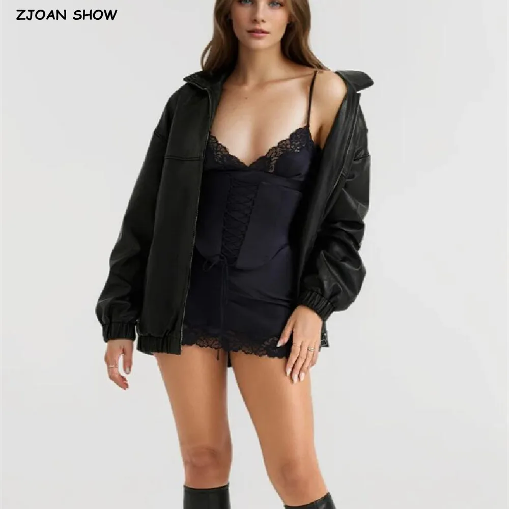 Женская куртка-бомбер из ПУ кожи черная Свободная на молнии с отворотом Y2K 2024