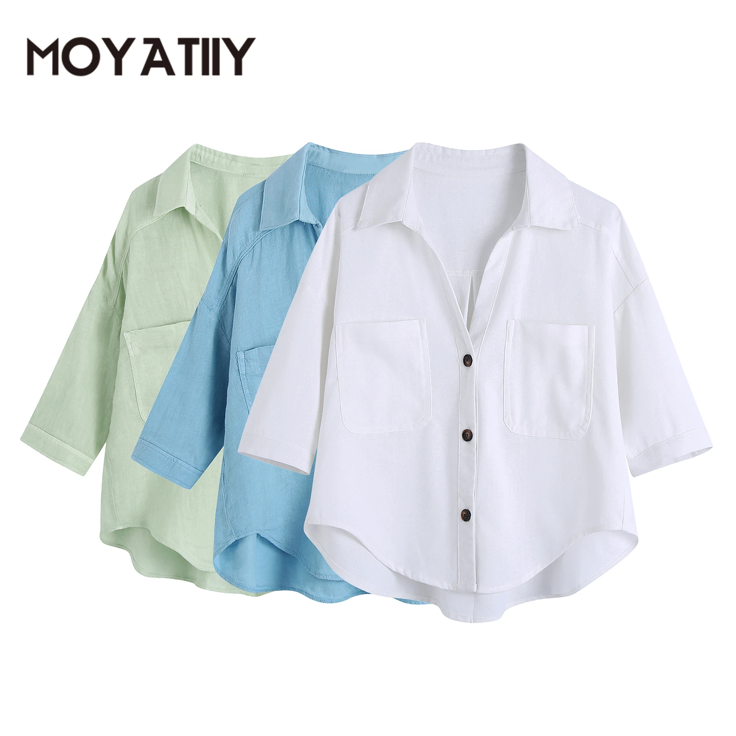 

MOYATIIY Women 2022 Summer Popular Pockets Loose Shirts Vintage Short Sleeve Button-up Shirts Blouse Casual Female Tops