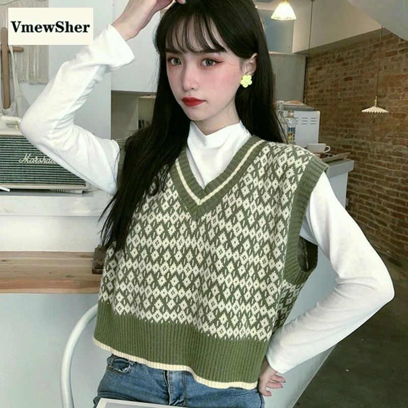 VmewSher New Argyle Plaid Spring Women Sweater Vest Fashion V Neck Knitted Sleeveless Pullovers Girls Preppy Style Jumper Tops