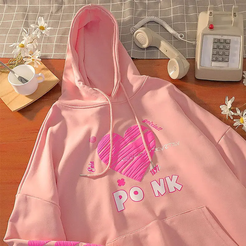 

2021 Women love couple hooded Sweatshirt 3 Color Harajuku Pullover Hoodie Cotton Fleece Winter Autumn Pink Hoodie fashion tops