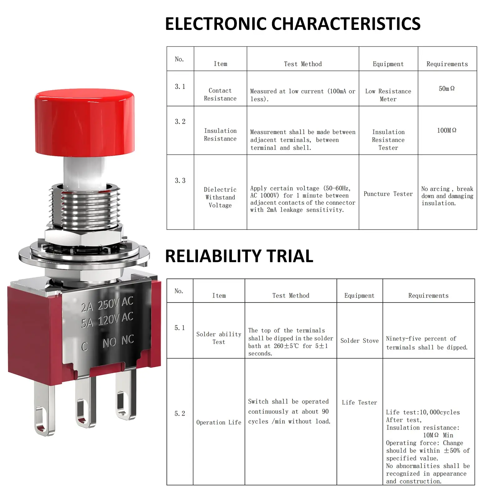 5 шт. AC 2A/250V 5A/120V 3-контактный Мгновенный кнопочный переключатель NO NC с красной
