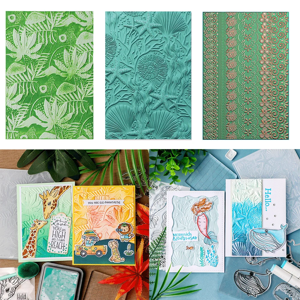 Папка с 3D-тиснением и соответствующие штампы тропическими листьями для