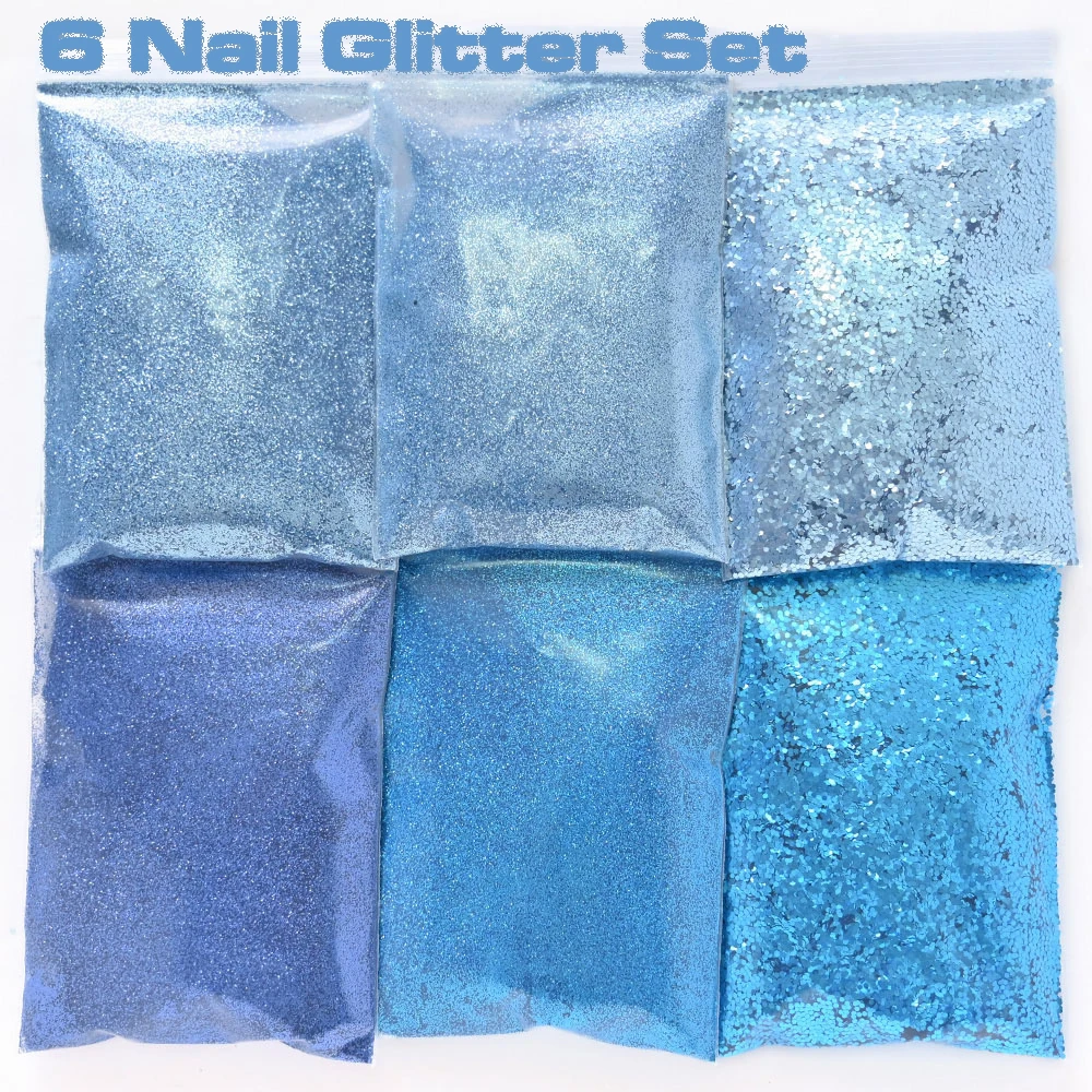 

60g(6Size Kits) Blue Aurora Nail Glitter Powder Gradient Hexagon Glitter Holographic Iridescent Flakes Slice Sparkly Chunky Dec