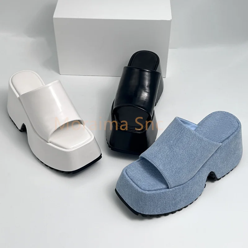 Square Head Thick Bottom Sandals Slippers Women 2023 Summer Super High Heel Waterproof Platform Flip Flops Ladies Shoes Slides