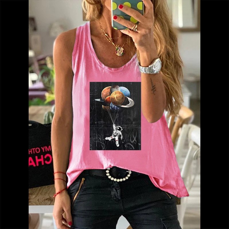 Summer Casual Fashion Women Vests Graphic 100% Cotton Sleeveless Camisole Astronaut Planets Print Ladies Regular Daily Tank Tops |
