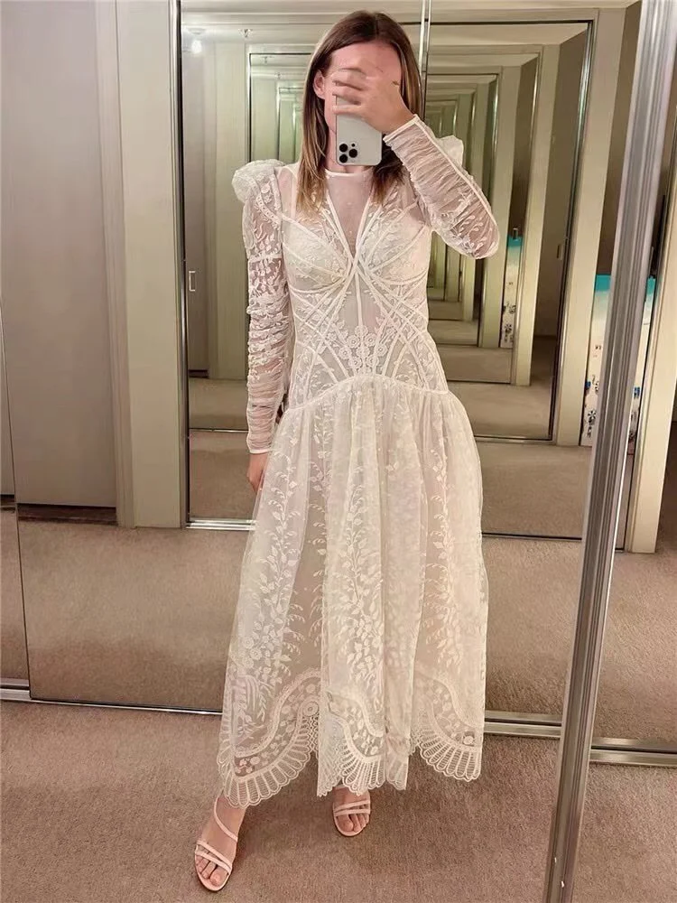 

Preorder 2022 Autumn New High Quality Solid White Embroidery Fish Bone Waist Slim Irregular Hem Midi Princess Dresses Women