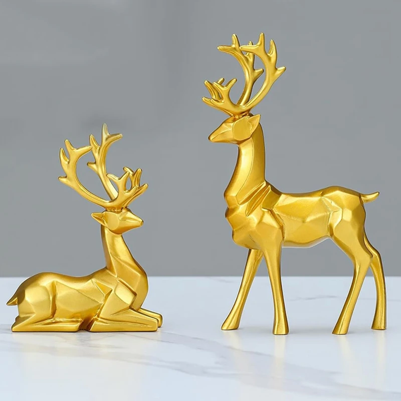 

2 PCS Sitting Standing Deer Sculptures Christmas Decorations Gold Resin Exceptional Reindeer Statues Add To Your Home Decor