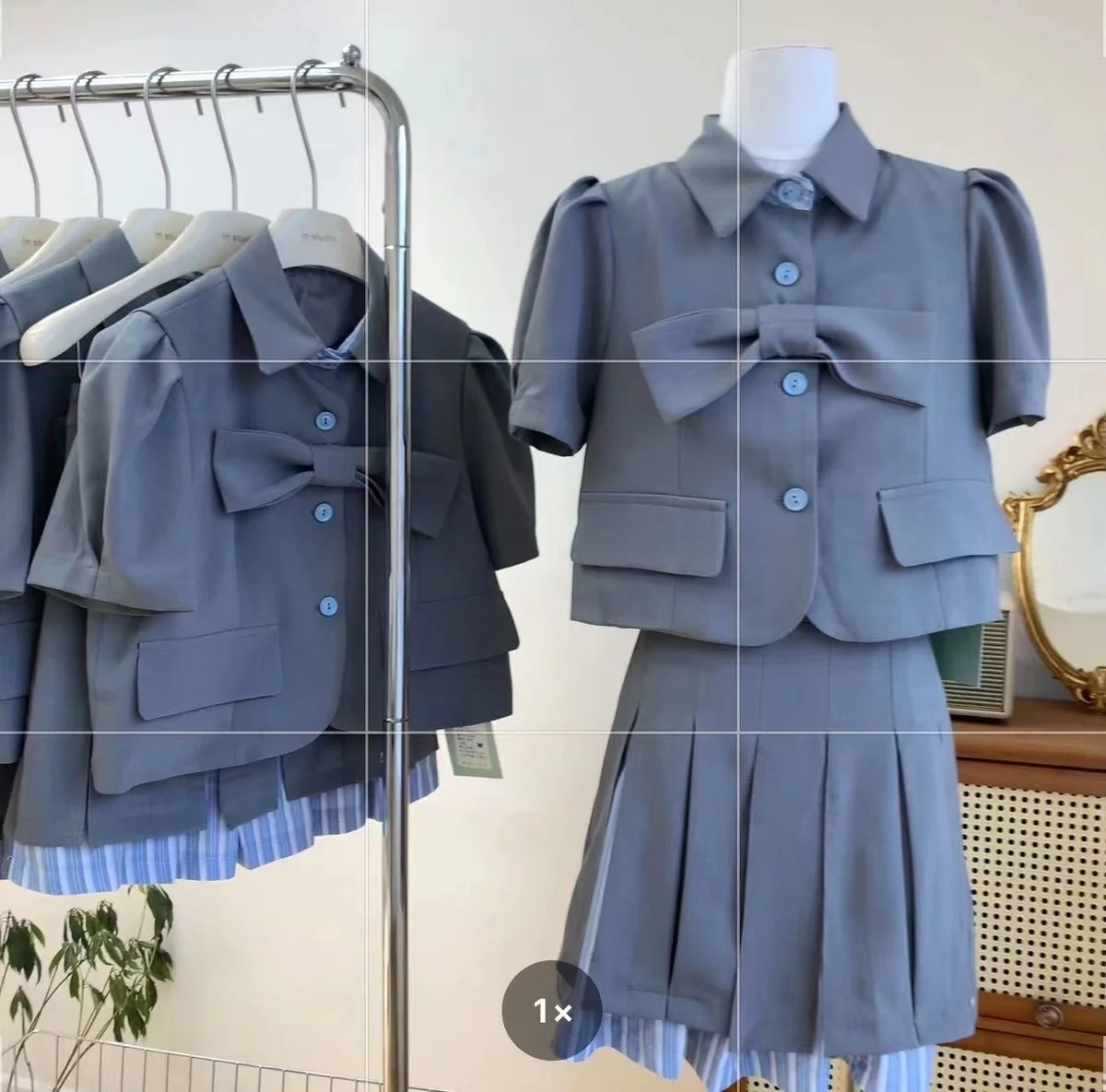 

Bow Flap Suit Crop Jacket + Mini Shirt Contrast Pleated Skirt Gray Autumn Two Piece Set for Women