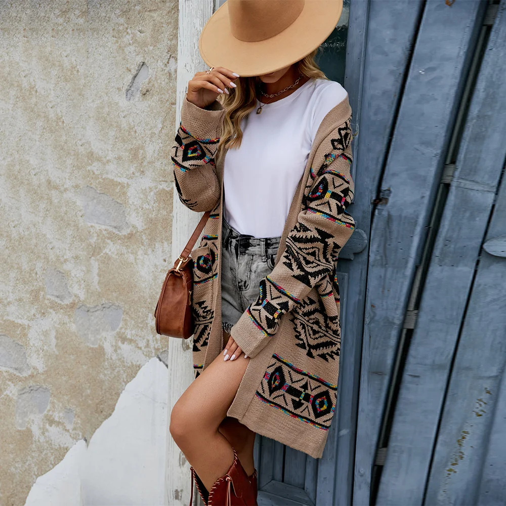 

Свитер средней длины, осенне-зимний Кардиган, новинка 2022, осенне-зимний большой свитер с принтом в стиле ретро, длинное пальто