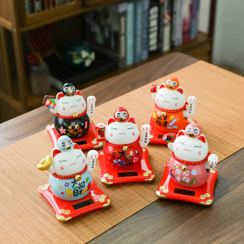 

4.5 Inch Fortune Cat with Waving Hand, Ceramic Beckoning Lucky Cat Solar Powered Feng Shui Ornament Home Deoration Business Gift