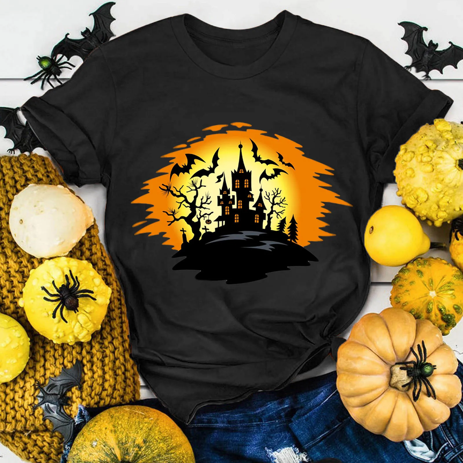 

Womens Halloween Print O Neck Short Sleeve Tops Blouse Tees T Shirt