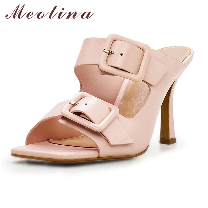 

Meotina Women Genuine Leather Slides Square Toe Thick High Heels Sandals Buckle Slippers Ladies Fashion Shoes Summer Apricot 42