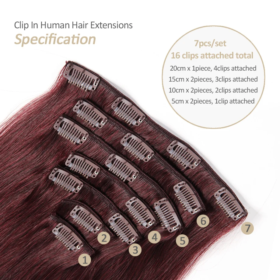 Накладные волосы на клипсе бордовые 100% натуральные человеческие 14-20 дюймов 7 шт. 70