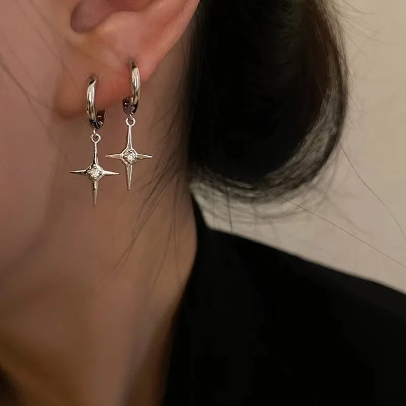 

New Goth Harajuku Sweet Cool Silver Color Metal Stars Cross Hoop Earring For Women Egirl Aesthetic EMO Y2K Accessories Jewelry