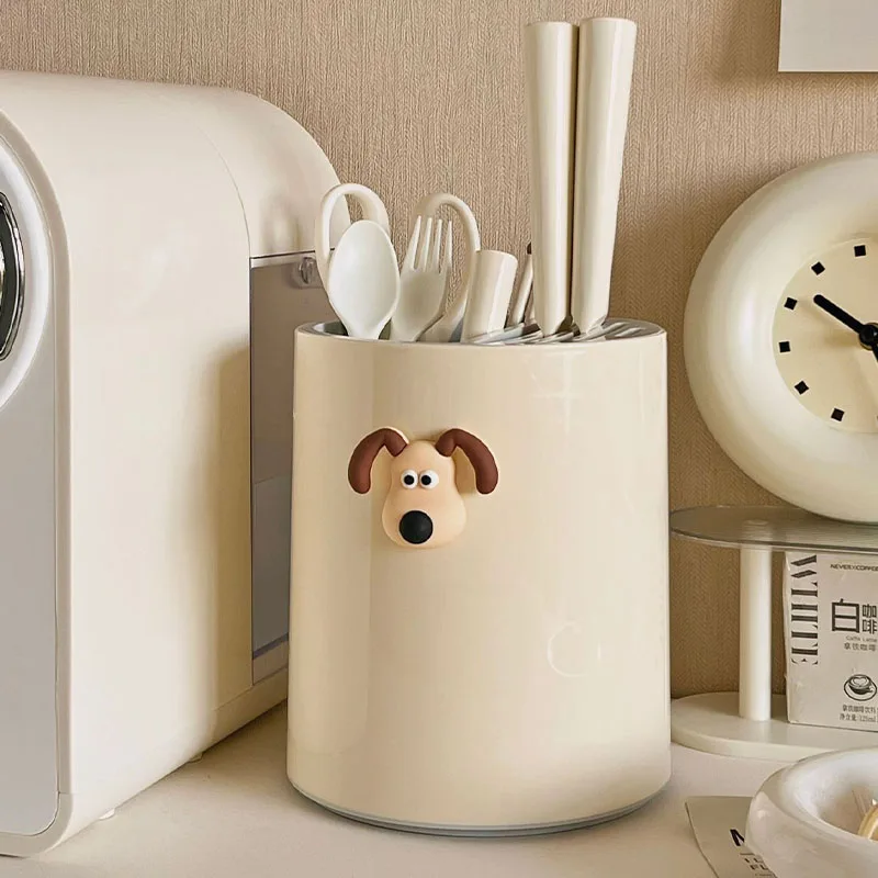 

360° Rotatable Knife Storage Holders Desktop Cutlery Knife Fork Drain Racks Cream Color Knives Kitchen Organization Shelf Tools