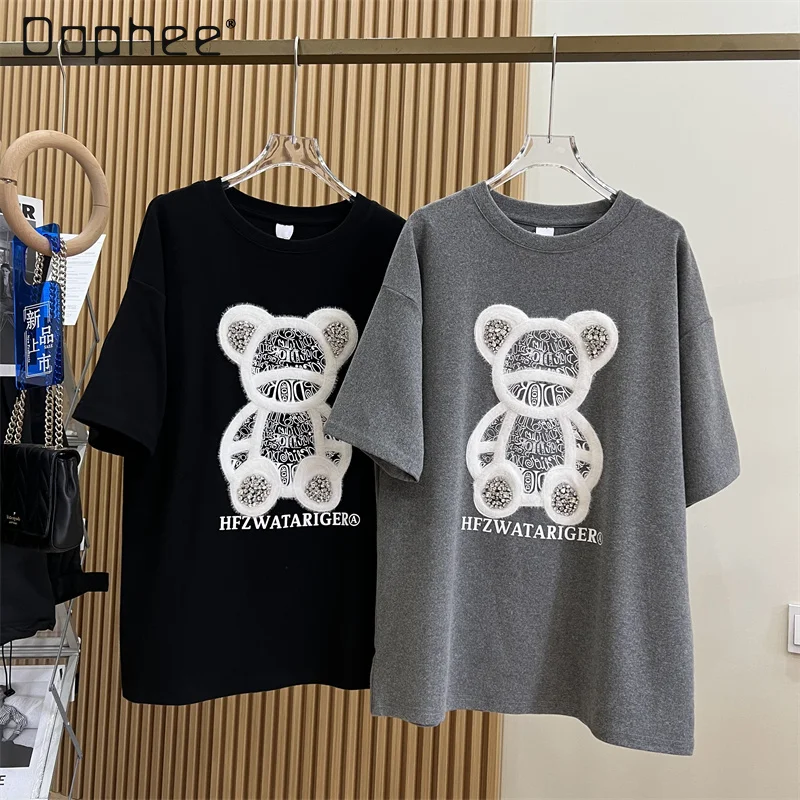 

Утолщенная свободная футболка из хлопка с начесом с мультяшными изображениями тяжелых промышленных бусин, Женская осенне-зимняя рубашка с круглым вырезом и коротким рукавом