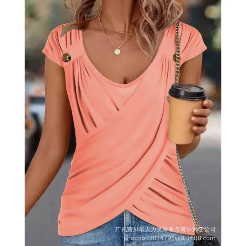 

Wepbel O-neck Loose Low Cut Sexy Casual Tshirt Top Short Sleeve Peplum Top Tshirt Women Summer Cap Sleeve Ruched Wrap Top