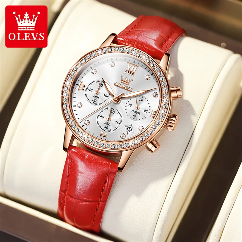 OLEVS Fashion Women Rose Gold Waterproof Watch Ladies Top Luxury Brand Ladies Casual Women's Leather Crystal Watches Relogio New enlarge