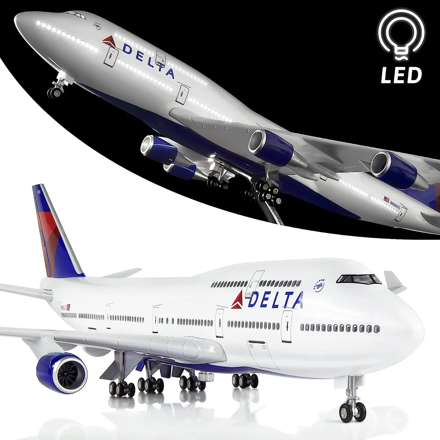 

1/150 Scale 47cm Airplane 747 B747 Aircraft DELTA Airline Model W Light and Wheel Diecast Resin Plane For Collection