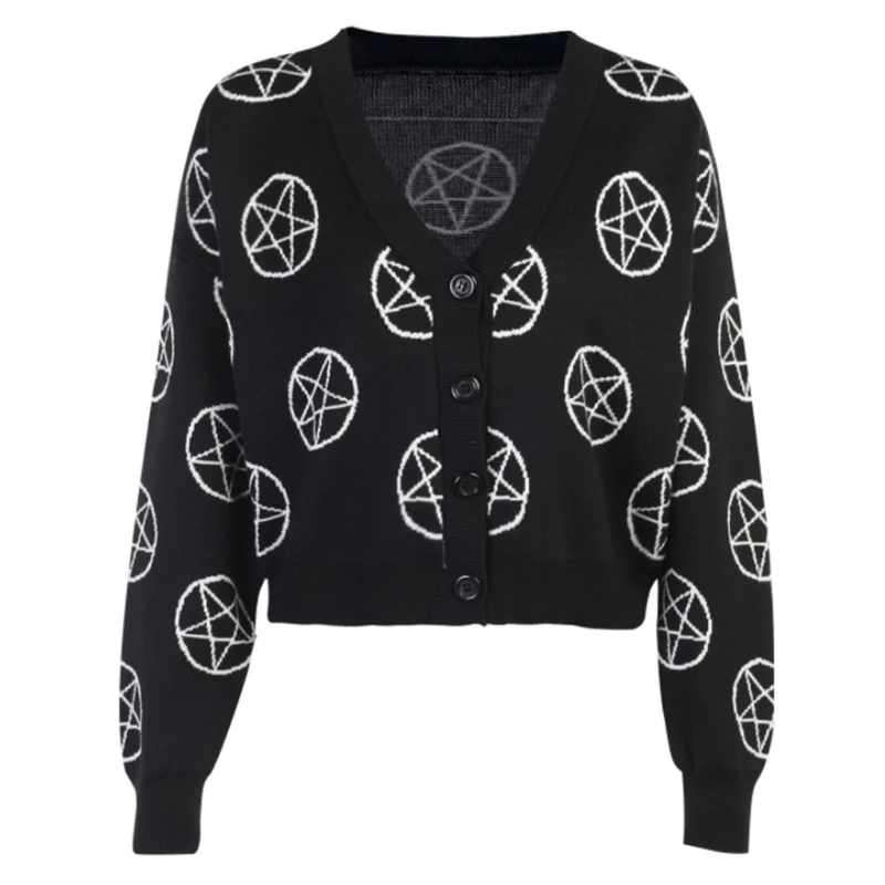 

Women Gothic Punk Black Sweater Cardigan Harajuku Long Sleeve V-Neck Button Down Knitted Coat Geometric Star Print Oversized