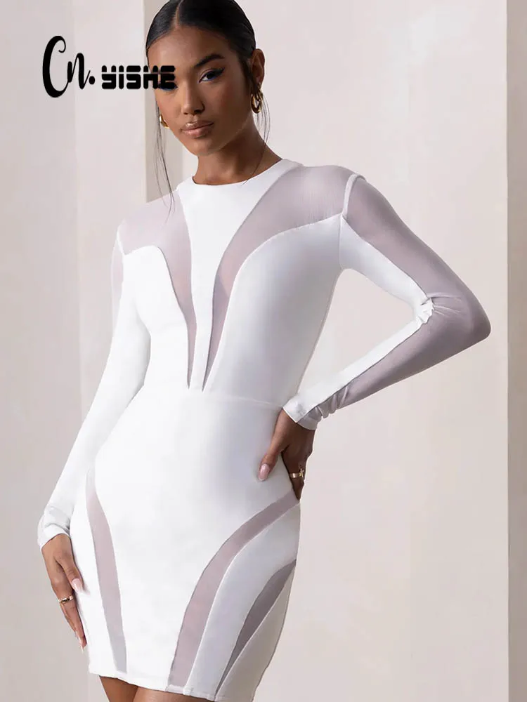 

CNYISHE O-neck Long Sleeve See Through Bodycon Dress Women Mesh Patchwork Party Club Dresses Woman Sexy Solid Dress Vestido Robe