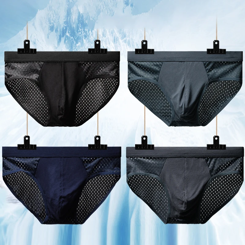 

Sexy Ice Silk Briefs For Men Breathable Solid Underwear Hollow Out Bamboo Carbon Fiber Anti-Bacterial Fashion Underpants New