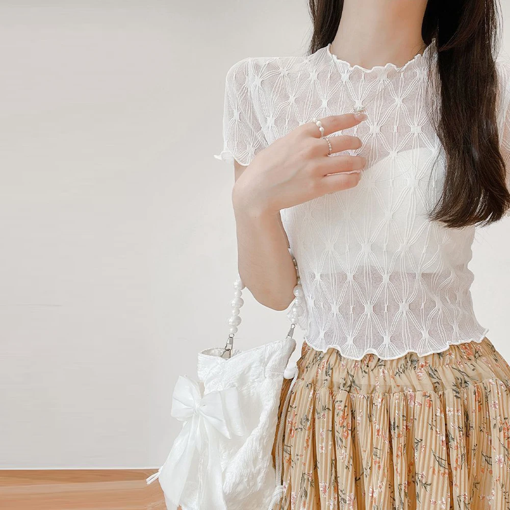 

Women Elastic Ruched Wavy Edge T Shirt Girls Y2k Short Sleeve Spring Summer Black White Apricot Color Female Blouses Clothes