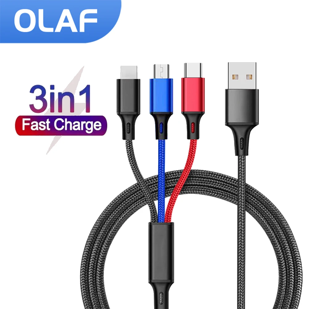

Olaf 3 в 1 USB-кабель для быстрой зарядки для iPhone 13 12 USB-кабель Тип C для Xiaomi Mi10 Huawei Redmi кабель Micro USB 1,2 м