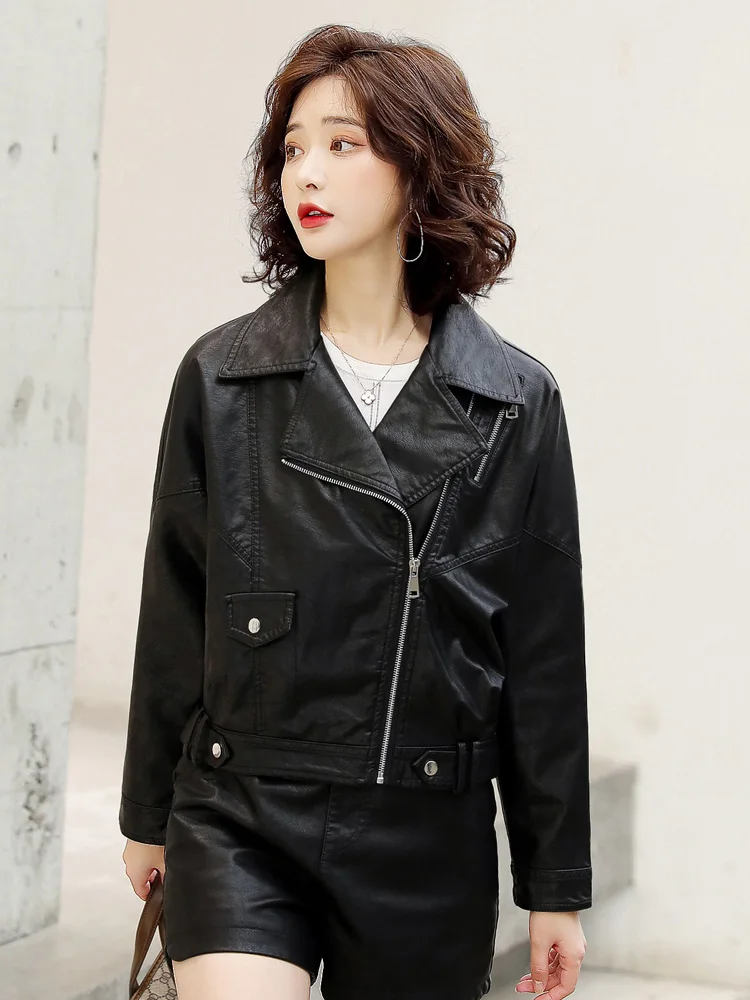 New Women Rose Red Sheepskin Jacket Spring Autumn Trendy Turn-down Collar Slim Short Leather Jacket Chic Outerwear Split Leather