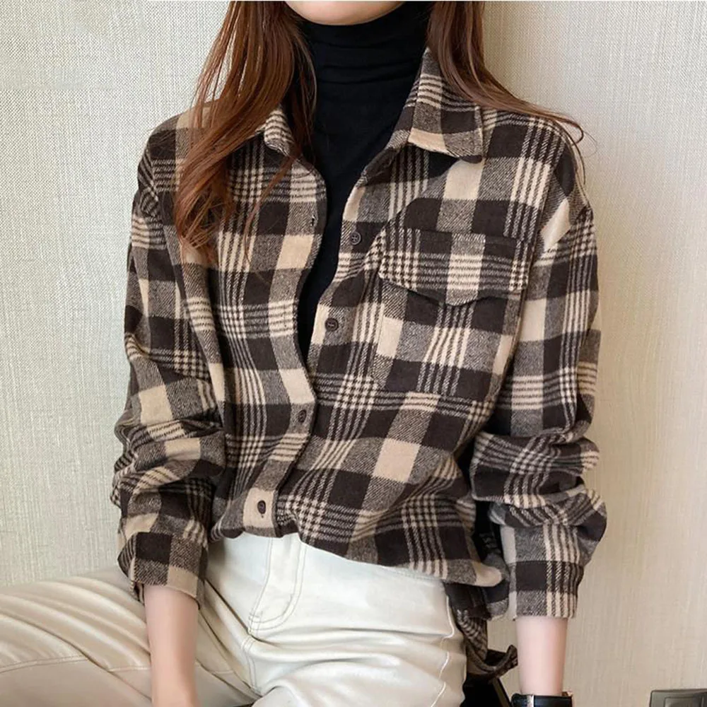 

Plaid Shirt Women 2022 New Spring And Autumn Thick Sanded Shirt Long-sleeved All-match Bottoming Layered Inner Top Ladies Blouse
