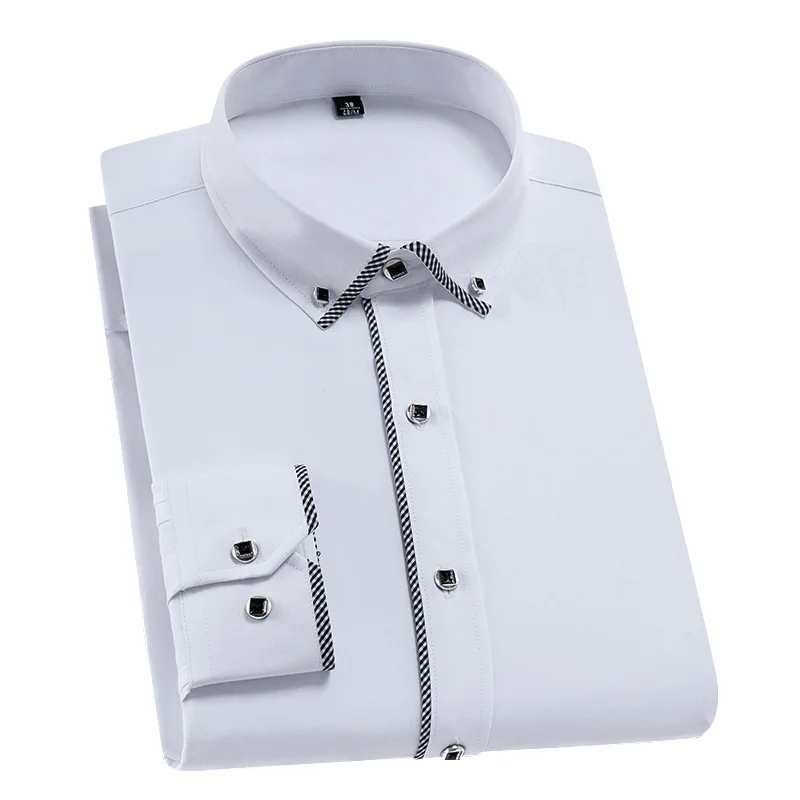 Fashion Long Sleeve Shirt Men Plaid Rim Button Down Collar Slim Fit Easy Care Solid Formal Business Men Dress Shirts