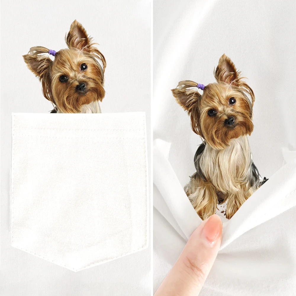

CLOOCL 100% Cotton T-Shirt Cute Dog Yorkshire Pocket T-shirts Harajuku Woman Tshirts Casual Graphic Tee Dropshipping