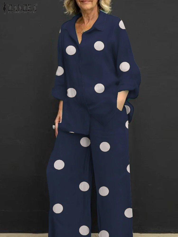 

2023 ZANZEA Fashion Matching Sets Polka Dot Printed Suits 2PCS Long Sleeve Tops Wide Leg Trousers Autumn Women Loose Outifits