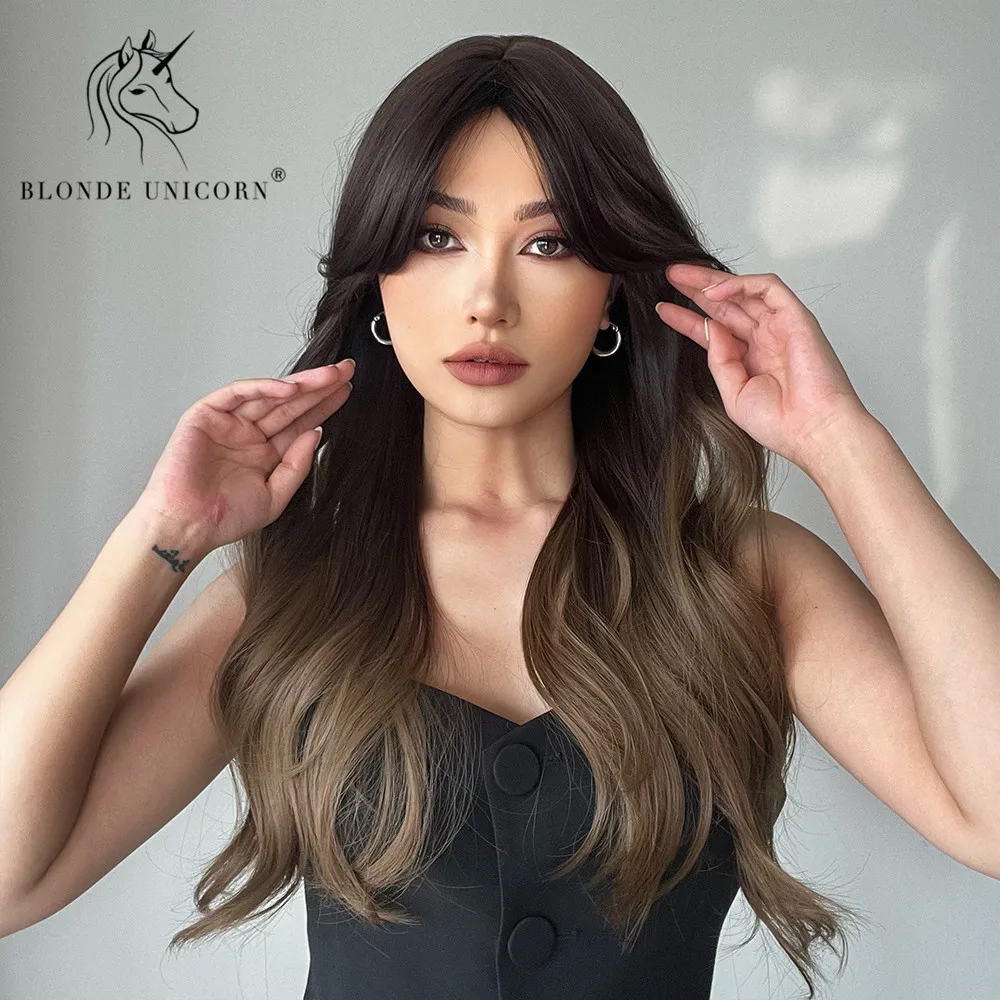 Синтетический длинный волнистый парик блонд единорог Омбре коричневый для