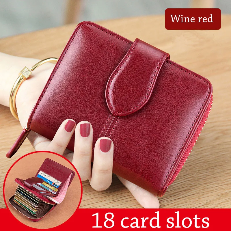2023 Red  Carteiras  Women Wallet Oil Wax Small Short Card Holder Ladies Coin Purse Women Wallets Money Bag