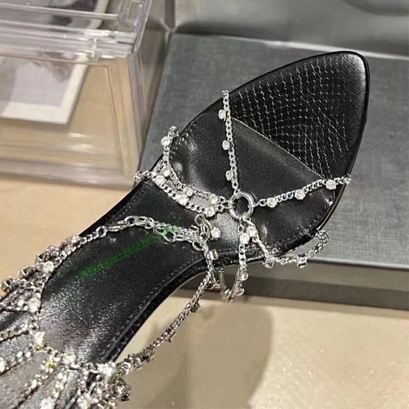 Spring 2023 new chain high-heeled shoes women's stiletto open toe Roman reveal sexy sandals for women