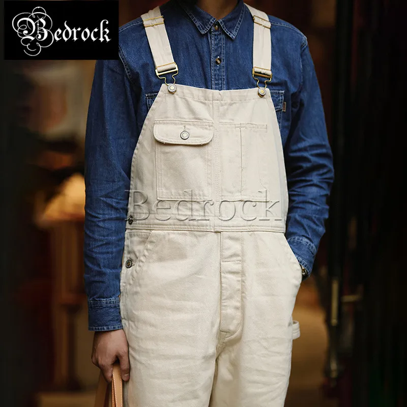 MBBCAR 14oz one washed off-white raw cotton overalls men Amekaji suspenders selvedge denim jeans button fly straight pants 7379