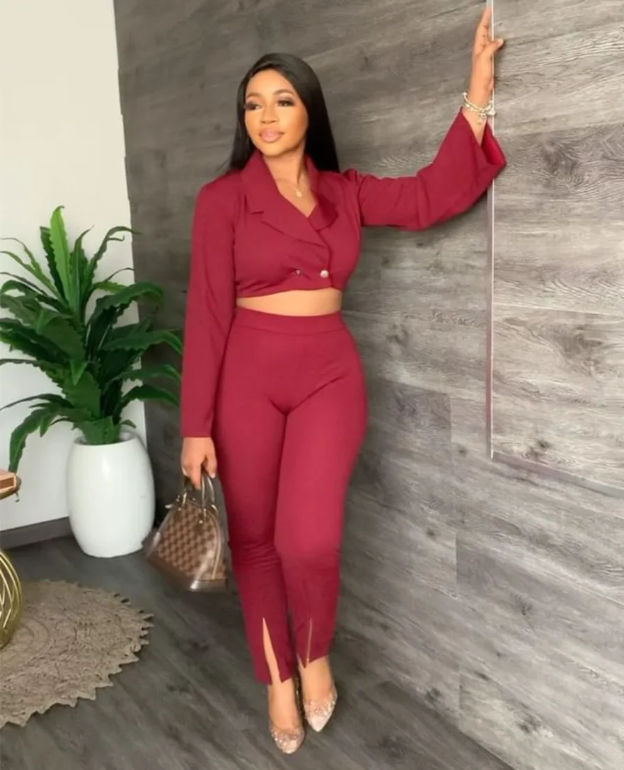 

Autumn Office Ladies Two Piece Set Women Fashion Solid Button Tops Slit Straight Trousers Two Piece Pants Suit Women
