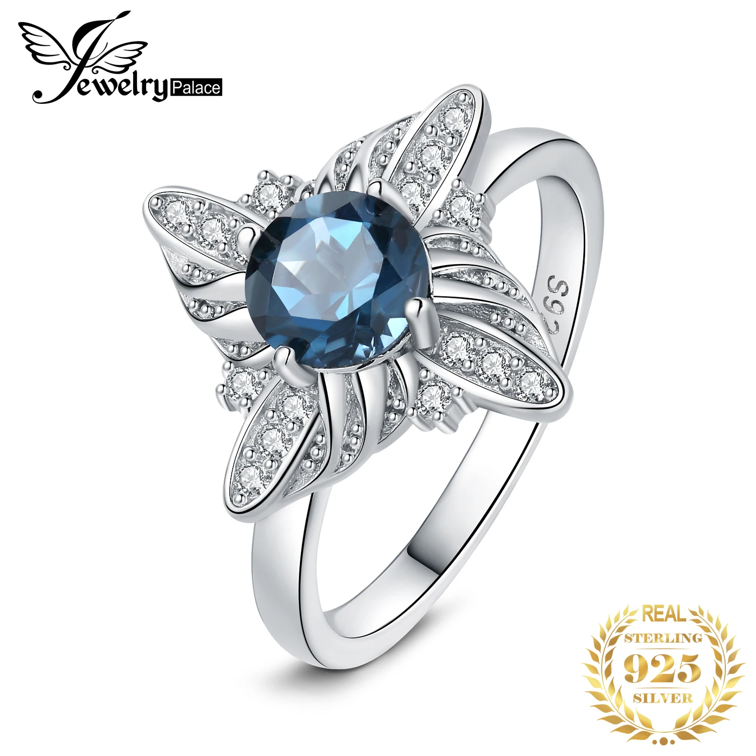 JewelryPalace New Arrival Luxury Windmill 1.2ct Natural London Blue Topaz 925 Sterling Silver Statement Ring for Woman Fine Gift
