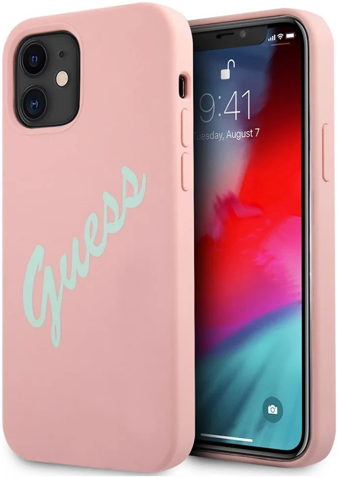 Чехол CG Mobile Guess Liquid silicone Script Laser logo для iPhone 12 mini цвет Розовый/Мятный | Мобильные