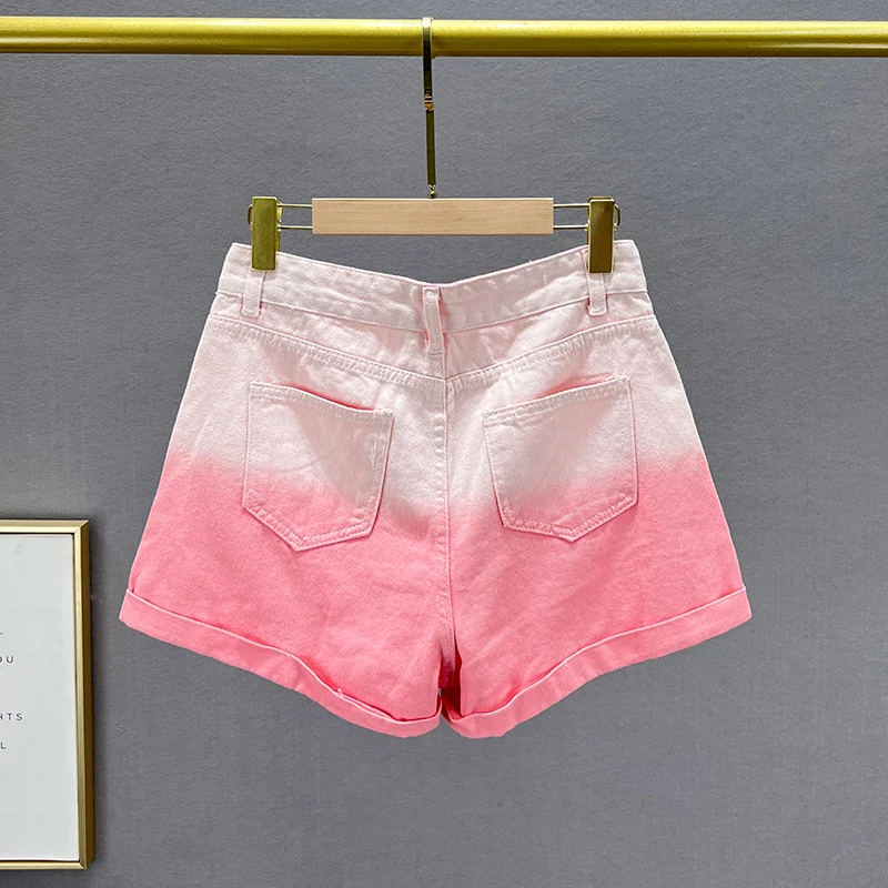 Sequined Denim Shorts Women's Fashion 2023 New Summer High Waist Loose Slim European Station Flanging Wide-Leg Hot Short Pants