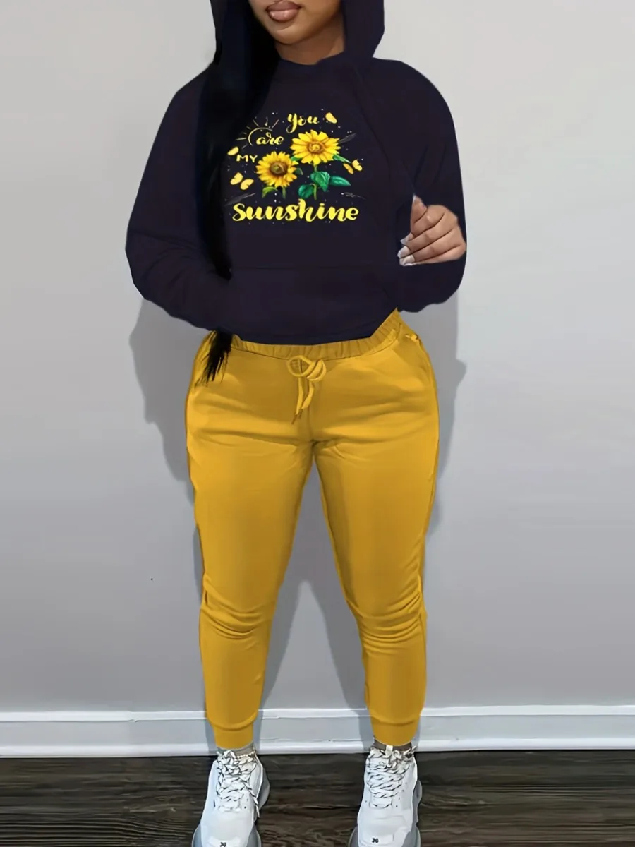 

LW Sunflower Letter Print Kangaroo Pocket Tracksuit Set Casual 2pcs Drawstring Matching Outfits Black Hoodie&Yellow Sweatpants