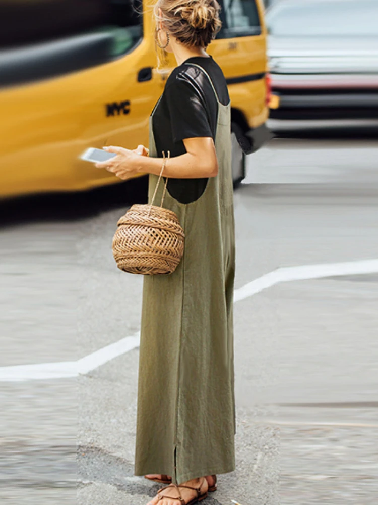 

Женский Длинный комбинезон на бретельках, однотонный Свободный Длинный комбинезон с широкими штанинами, Удобный Простой повседневный комбинезон для женщин на лето