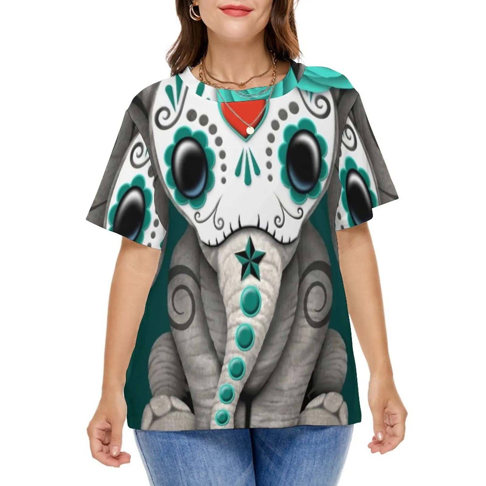 Sugar Skull Baby Elephant T-Shirt Day of The Dead Elegant T Shirts Short Sleeve Graphic Tops Women Casual Tees Plus Size 5XL 6XL