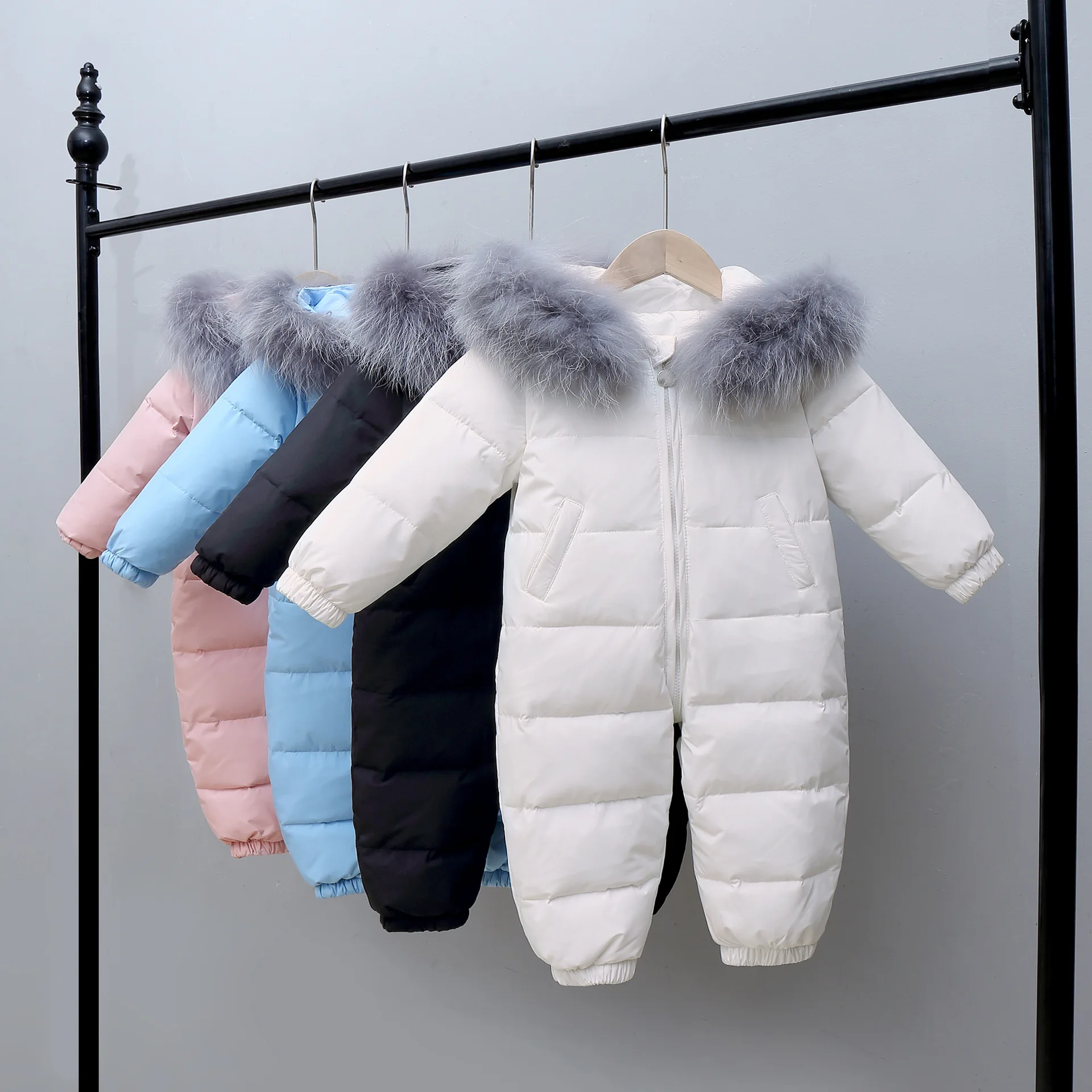 Russian Boys Real Fur Hooded Overalls Snowsuit Baby Winter Clothes Infant Jumpsuit Toddler Kids Girls White Down Jacket And Coat