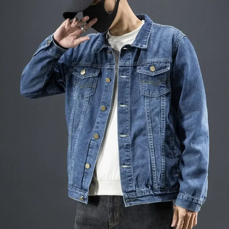 

Men's Denim Jacket Button Blue Autumn Male Jean Coats Wide Shoulders Casual Clothing Low Cost Menswear Cheap Price Stylish Loose