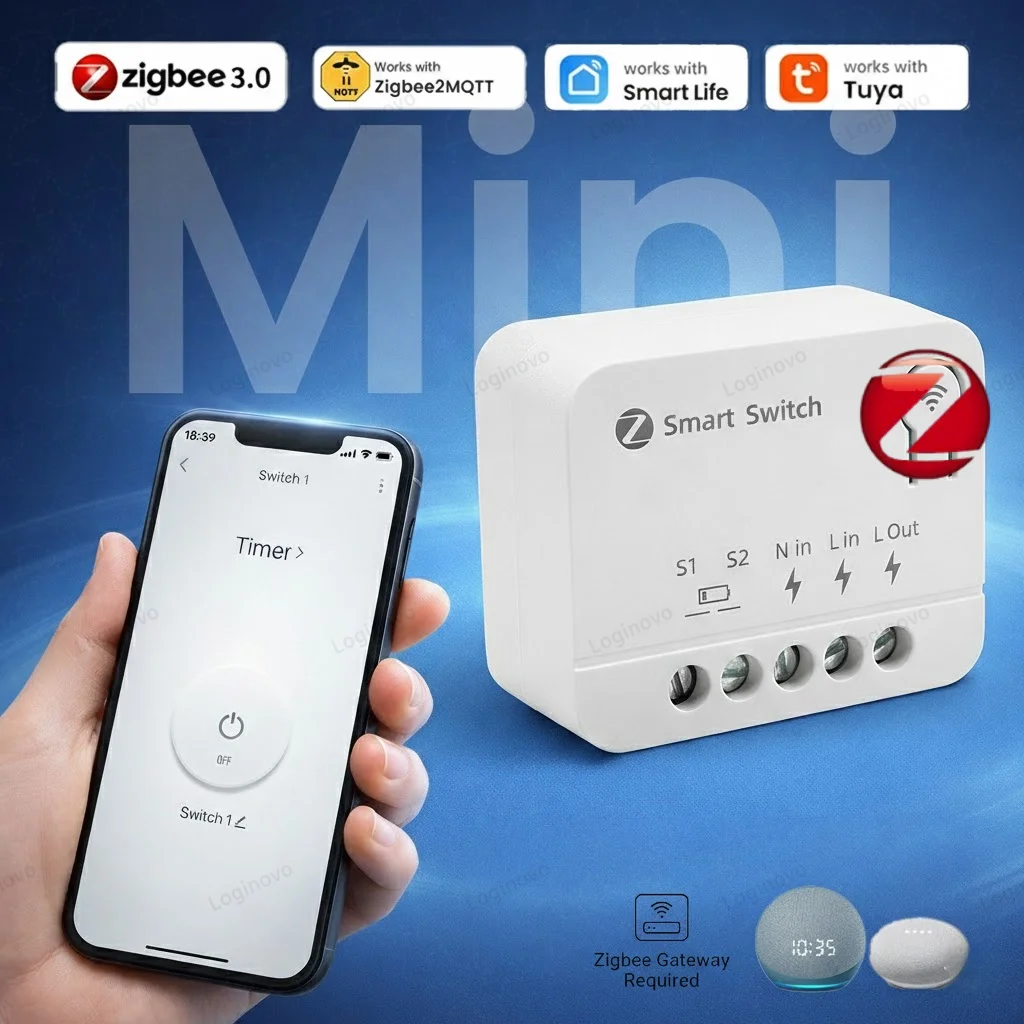 Фото Мини-модуль умного выключателя Zigbee, 1/2-канальный, 10А/16А, реле-выключатель для домашней автоматизации, совместимый с TUYA Smart Life, Z2M, Alexa, Google Home №1