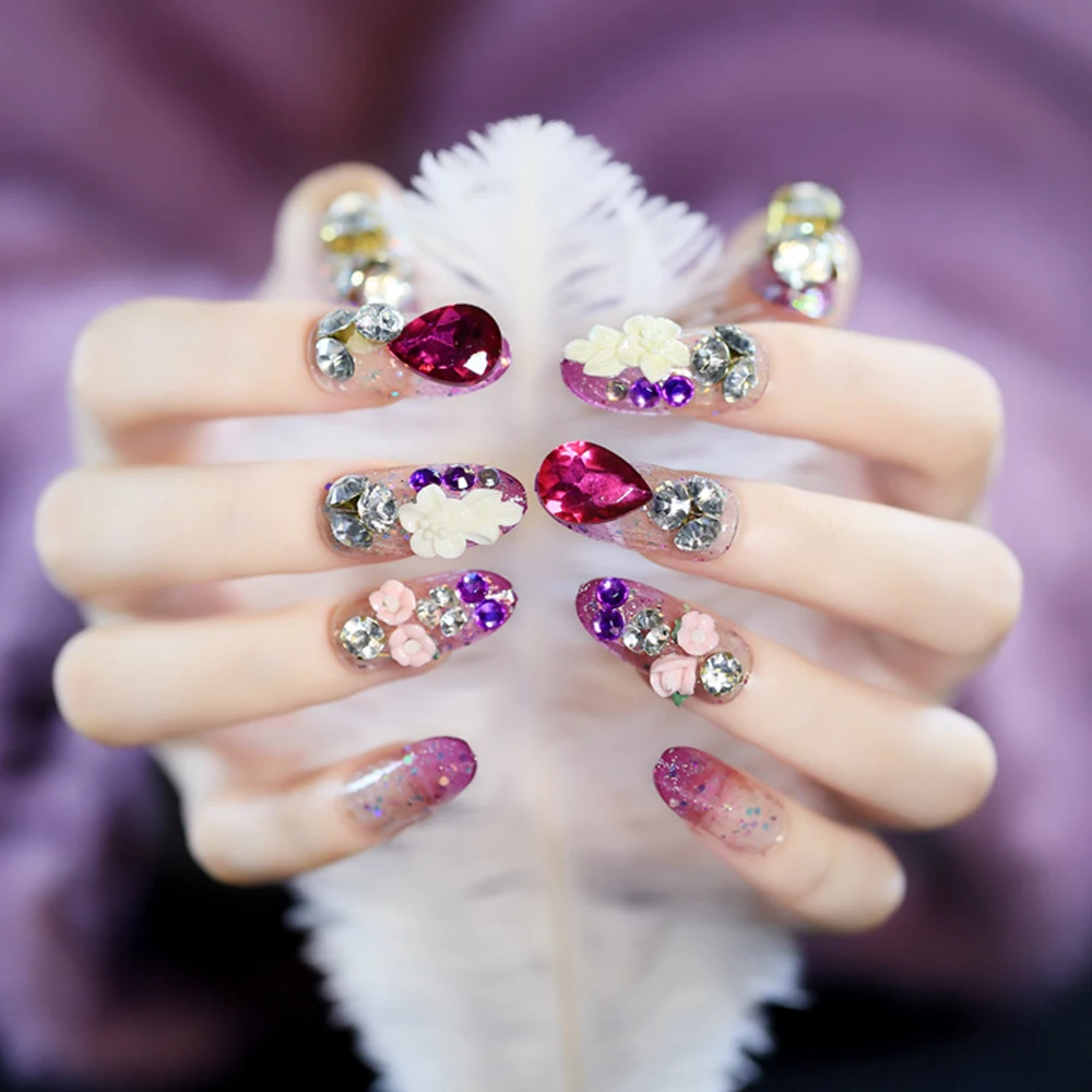

Пурпурные накладные ногти, 24 шт., блестящие алмазные Длинные свадебные накладные ногти для женщин, накладные ногти, легко рвется, не падают, ...